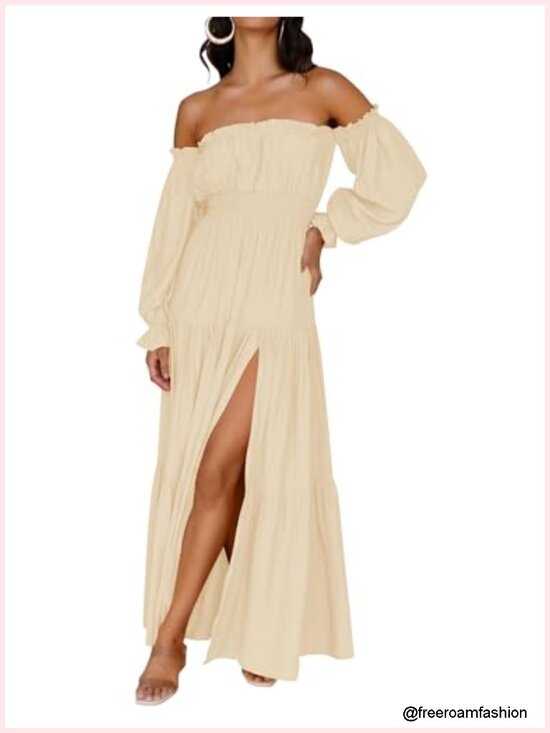 Dresses & Skirts - Off Shoulder Maxi Dress with Puff Sleeves and Side Split - Flowy A-Line, High